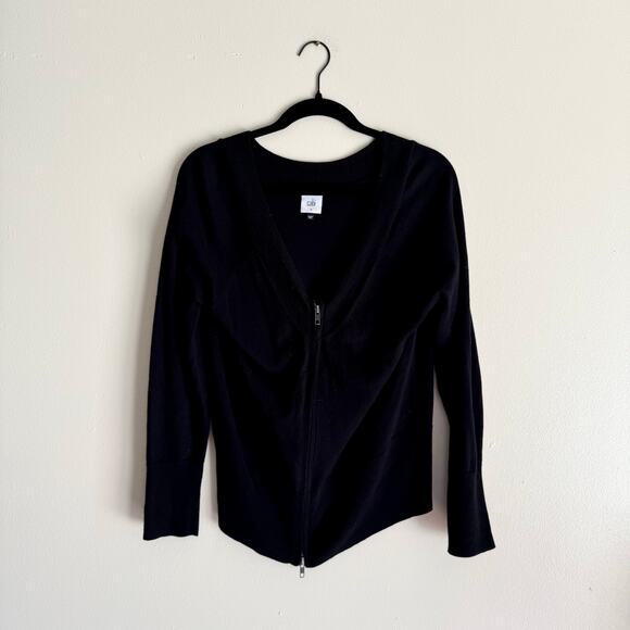 Cabi Black Switchback Double Zip Long Sleeve V Neck Sweater Cardigan Medium - Picture 1 of 8